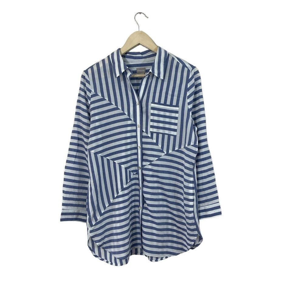 Chico's 1 Medium Button Tunic Shirt Blue White Nautical Stripes Lyocell Womens